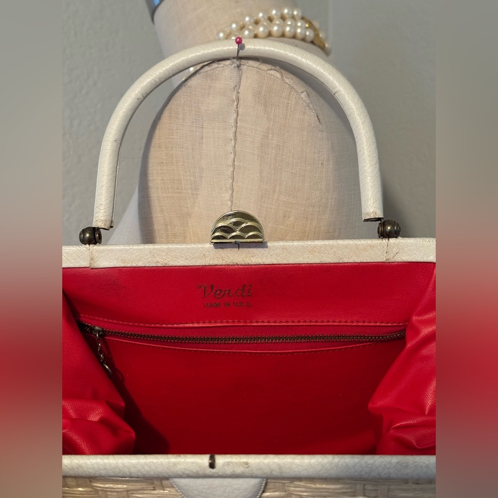 Vintage 50s/60s Verdi USA Made Straw Bag with Plastic Cover 12”x7”x5” - Picture 5 of 10